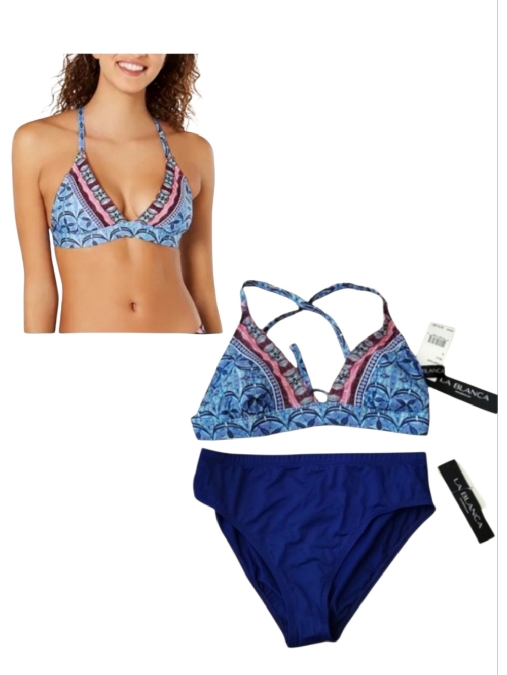 La Blanca Island Goddess Mosaic Triangle Bra & Hipster Bottom Bikini Set Blue 6